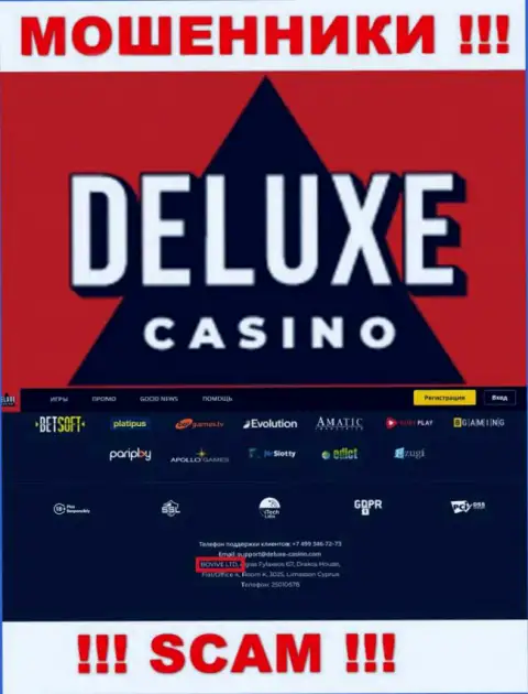 Данные об юр лице Deluxe-Casino Com на их официальном сайте имеются - это BOVIVE LTD