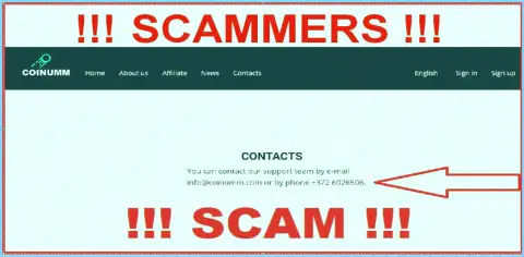 Coinumm phone number listed on the scammers site
