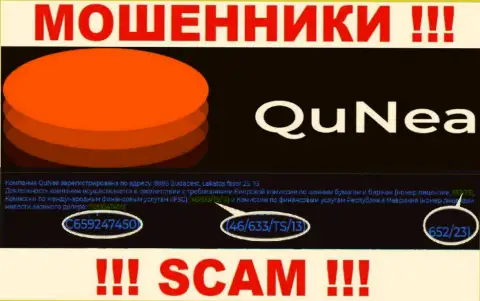 Обманщики QuNea Com не прячут свою лицензию на осуществление деятельности, показав ее на сайте, однако будьте осторожны !
