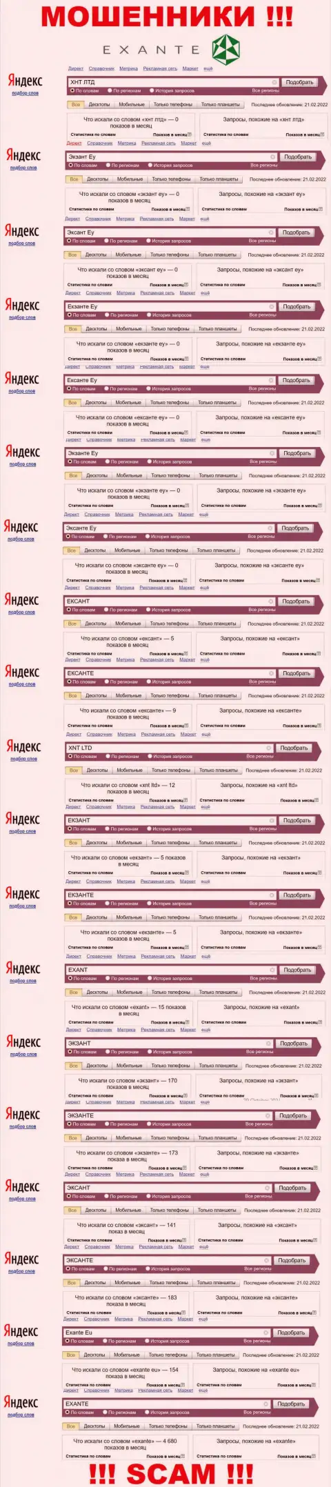 Число online запросов в поисковых системах по бренду мошенников ЭКЗАНТ