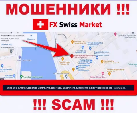 Организация FX SwissMarket указывает на web-ресурсе, что находятся они в оффшоре, по адресу - Suite 305, Griffith Corporate Centre, P.O. Box 1510,Beachmont Kingstown, Saint Vincent and the Grenadines