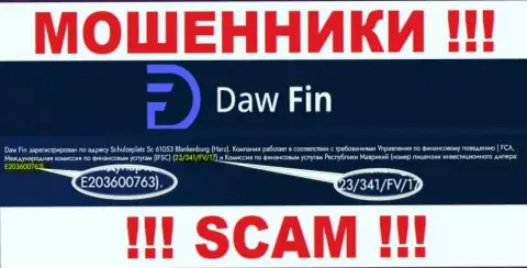 Номер лицензии Daw Fin, у них на сайте, не сумеет помочь сохранить ваши денежные средства от слива