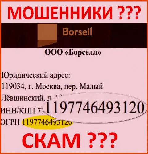 Номер регистрации незаконно действующей компании Borsell - 1197746493120