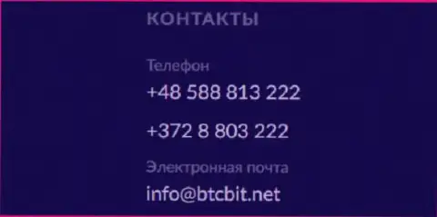Телефоны и электронка обменного online пункта БТЦБит